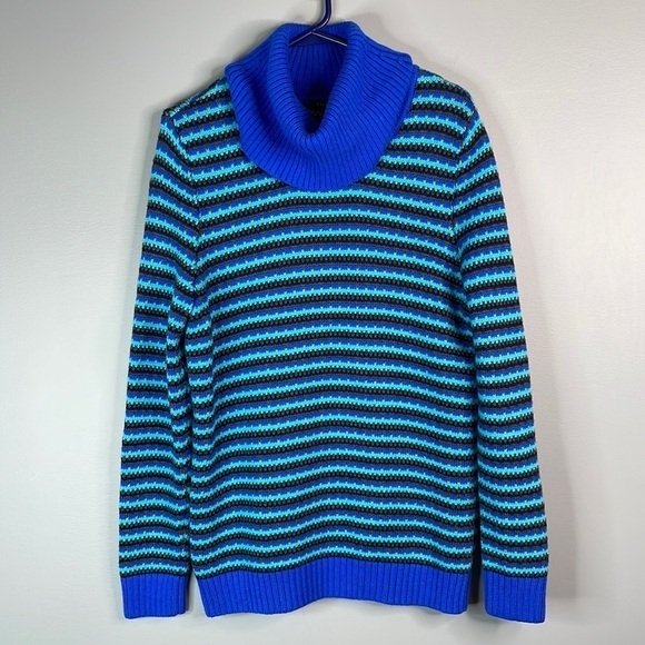 TALBOTS Lambswool Stripe Turtleneck Knit Sweater Cornflower Blue Chunky Prep M - Picture 9 of 10